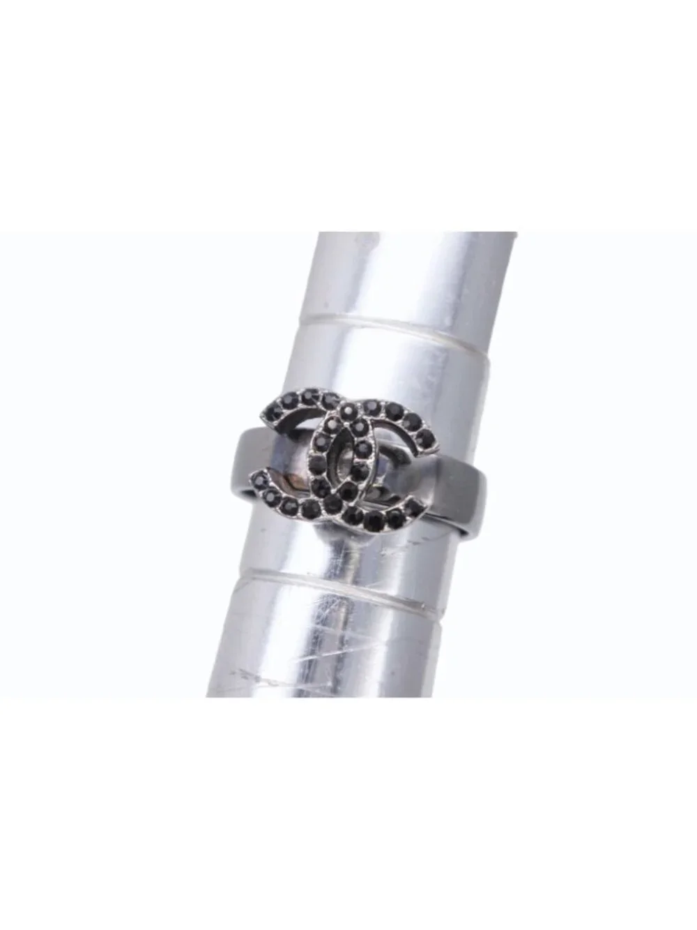Chanel CC Logo Ring Rhinestone Metal Silver Black